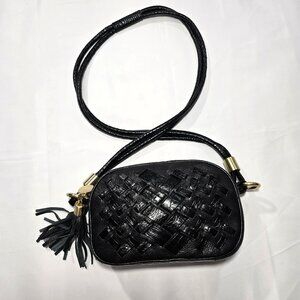 Brahmin Black Leather Multi-Texture Crossbody Bag, Gold Hardware, Key Clip